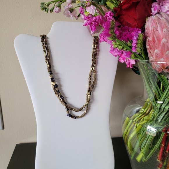 Leather Braided Bronze Navy Beaded Wrap Necklace - Picture 5 of 6